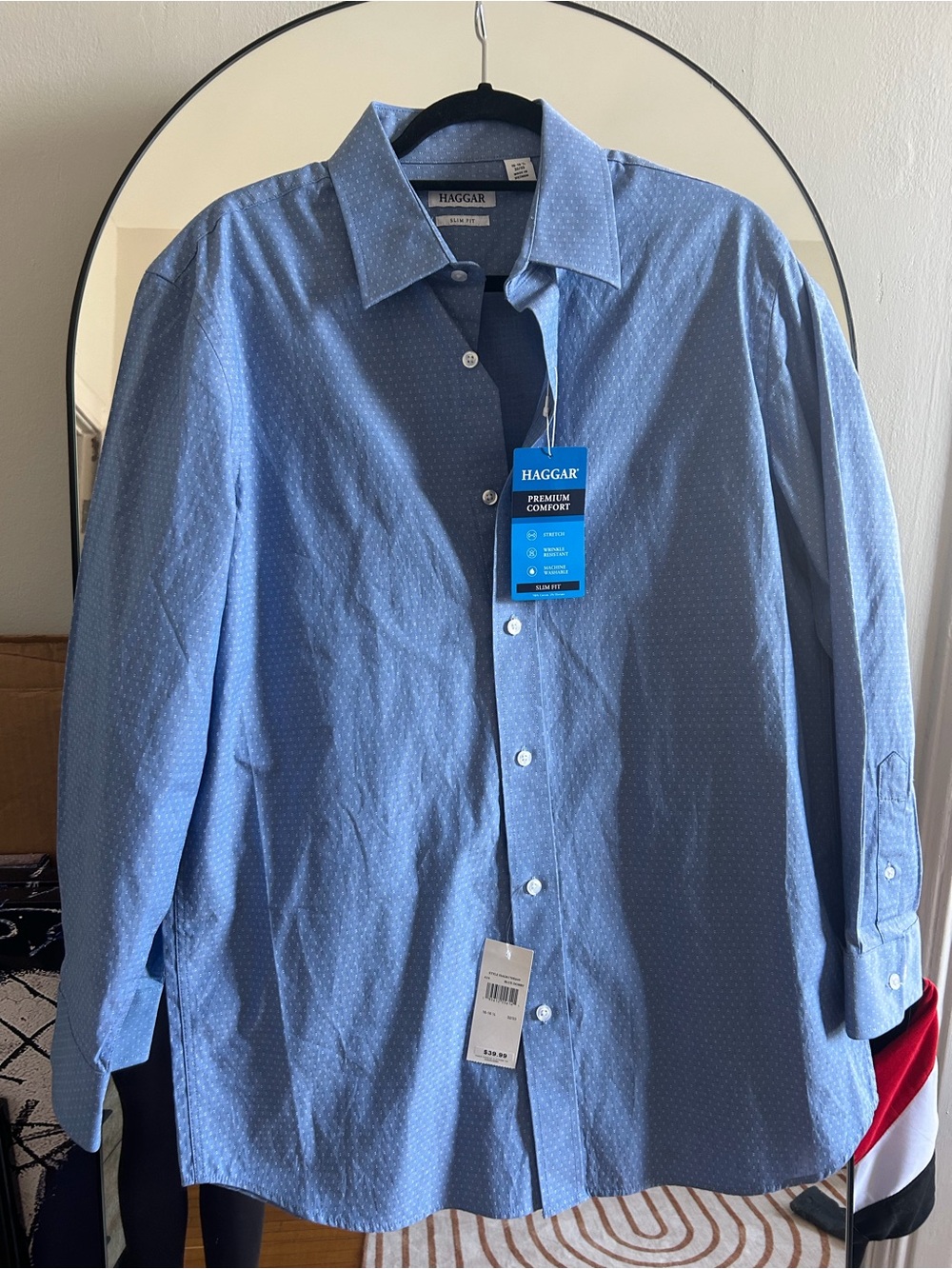 Haggar Light Blue Men's Long-Sleeve Dress Shirt with Subtle Dot Pattern